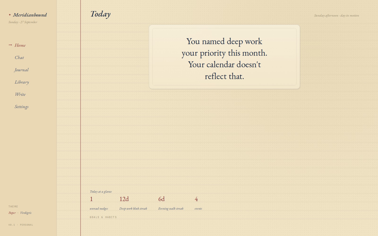 Meridian's Today view, a notebook-style page with a card reading: You named deep work your priority this month. Your calendar doesn't reflect that. Below it, today at a glance shows habit streaks and upcoming events.